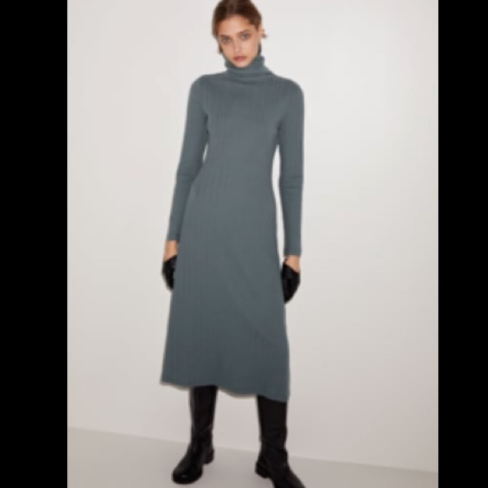 Zara Duck Blue Ribbed Fit And Flare Midi Dress